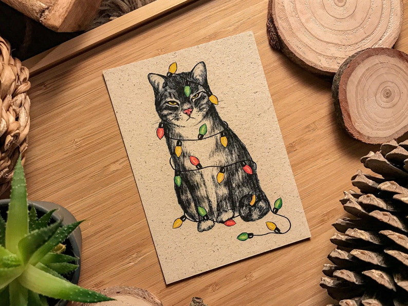 Weihnachtskarte Katze Graspapier mit Briefumschlag, Grumpy Cat, nachhaltiges Geschenk Bild 2