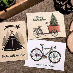 3er Set Weihnachtskarten Fahrrad Zelt Lastenrad, Graspapier mit Briefumschlag,  nachhaltiges Geschenk