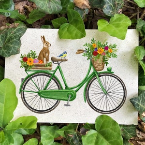 Osterkarte Fahrrad Hase Vogel, Graspapier Postkarte mit Briefumschlag, Blaumeise, nachhaltiges Ostergeschenk, Ostergeschenk