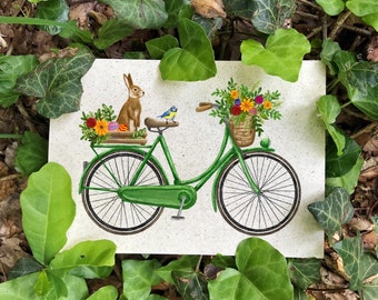 Easter card bicycle bunny bird, grass paper postcard with envelope, blue tit, sustainable Easter gift, Easter gift