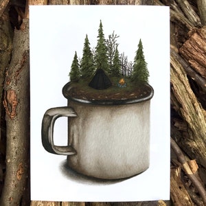 Poster A4 Zelten in Emailletasse, Recyclingpapier, Kunstdruck, Zelt, nachhaltiges Geschenk, kleines Geschenk Ostern