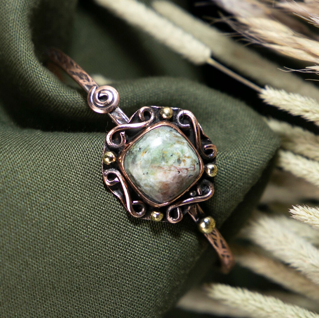Finance Luck Gemstone Copper Bracelet Genuine Mossy Jade Etsy