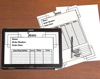 May include: A black and white printable invoice template on a tablet screen. The template includes fields for name, order number, order date, item description, amount, price, and total. The template also includes a section for item total, discounts, taxes, shipping, and total.