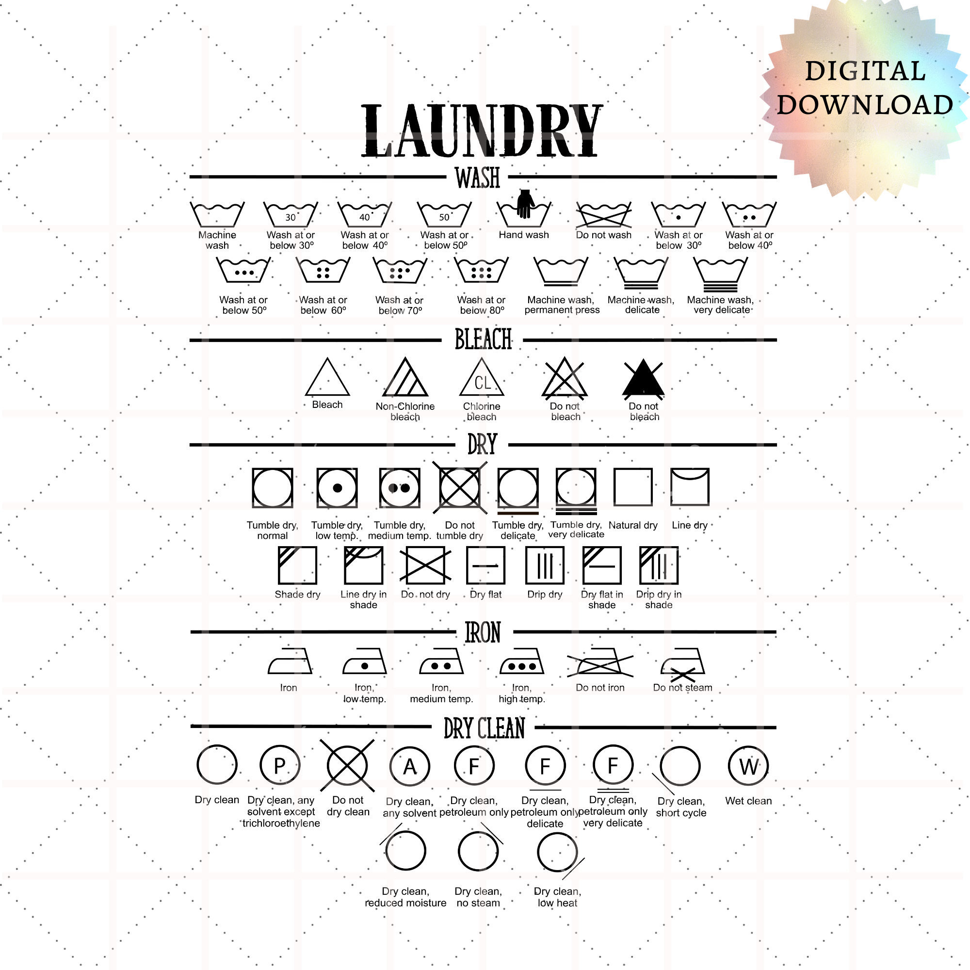 DIGITAL: Laundry Symbols SVG, PNG Instant Download Printable Design Cut ...