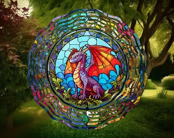 Dragon Stained Glass Wind Spinner, Yard Decor, Outdoor Garden Decor, Metal Gifts, Dragon Gifts For Women, Unique Gifts For Mom, For Her