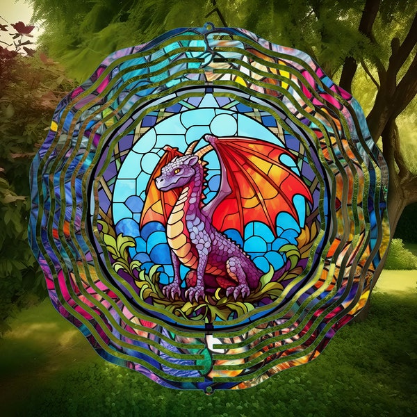 Dragon Stained Glass Wind Spinner, Yard Decor, Outdoor Garden Decor, Metal Gifts, Dragon Gifts For Women, Unique Gifts For Mom, For Her