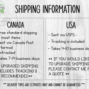 May include: A graphic with shipping information for Canada and the USA.  The graphic includes the text "SHIPPING INFORMATION", "CANADA", "USA", "Free standard shipping for most items", "Sent via Canada Post Lettermail", "Untracked", "Takes 7-14 business days", "UPGRADED SHIPPING INCLUDES TRACKING & IS RECOMMENDED", "Sent via USPS", "Tracking is included", "Takes 4-10 business days", "IF YOU WOULD LIKE TO UPGRADE SHIPPING, PLEASE CONTACT ME FOR A QUOTE", and "DELIVERY TIMES ARE ESTIMATES ONLY AND CANNOT BE GUARANTEED".