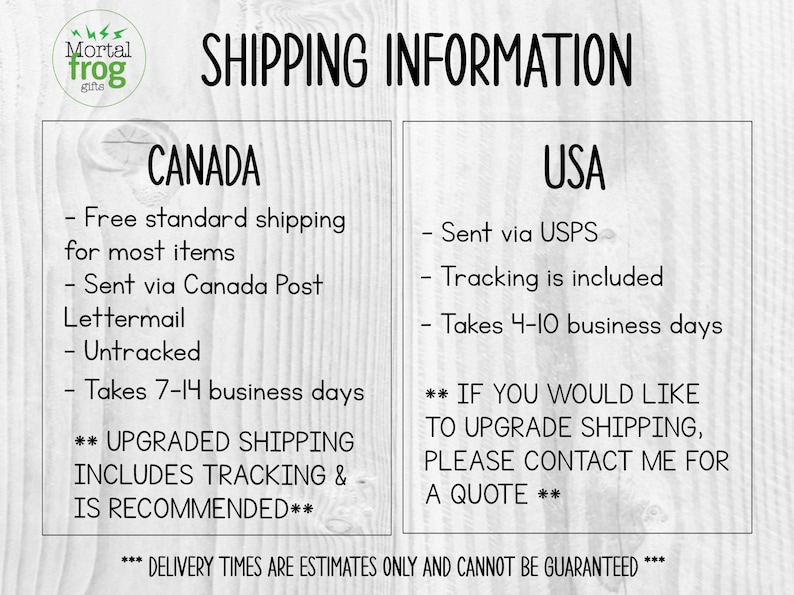 May include: A graphic with shipping information for Canada and the USA.  The graphic includes the text "SHIPPING INFORMATION", "CANADA", "USA", "Free standard shipping for most items", "Sent via Canada Post Lettermail", "Untracked", "Takes 7-14 business days", "UPGRADED SHIPPING INCLUDES TRACKING & IS RECOMMENDED", "Sent via USPS", "Tracking is included", "Takes 4-10 business days", "IF YOU WOULD LIKE TO UPGRADE SHIPPING, PLEASE CONTACT ME FOR A QUOTE", and "DELIVERY TIMES ARE ESTIMATES ONLY AND CANNOT BE GUARANTEED".