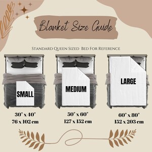 May include: A guide to blanket sizes with three different sizes shown on a queen-sized bed. The sizes are small (30" x 40", 76 x 102 cm), medium (50" x 60", 127 x 152 cm), and large (60" x 80", 152 x 203 cm).