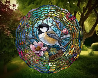 Chickadee Stained Glass Wind Spinner, Outdoor Garden Decor, Yard Decor, Bird Lover Gift, Chickadee Gift, For Women, Unique Gifts For Mom