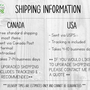 May include: A graphic with shipping information for Canada and the USA.  The graphic includes the text "SHIPPING INFORMATION", "CANADA", "USA", "Free standard shipping for most items", "Sent via Canada Post Lettermail", "Untracked", "Takes 7-14 business days", "UPGRADED SHIPPING INCLUDES TRACKING & IS RECOMMENDED", "Sent via USPS", "Tracking is included", "Takes 4-10 business days", "IF YOU WOULD LIKE TO UPGRADE SHIPPING, PLEASE CONTACT ME FOR A QUOTE", and "DELIVERY TIMES ARE ESTIMATES ONLY AND CANNOT BE GUARANTEED".