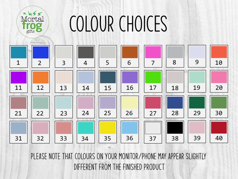 May include: A color chart with 40 different color swatches. The swatches are arranged in a grid of 4 rows and 10 columns. Each swatch is labeled with a number from 1 to 40. The chart is titled "COLOUR CHOICES".