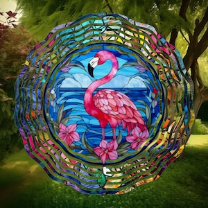 Flamingo Stained Glass Wind Spinner, Yard Decor, Outdoor Garden Decor, Metal Gifts, Flamingo Gifts For Women, Garden Gifts, For Mom