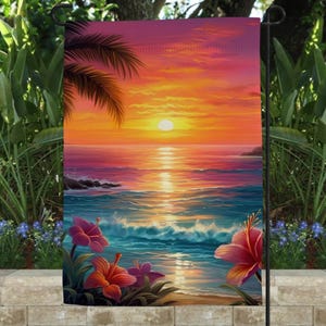 Tropical Garden Flag, Beach Sunset Outdoor Decor, Summer Garden Flag, Porch Decor, House Banner, Gardener Gifts, Garden Gifts, For Mom