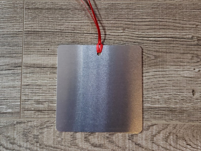 May include: A silver metal blank tag with a red ribbon attached to the top hole.