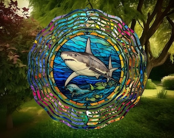 Shark Stained Glass Wind Spinner, Yard Decor, Outdoor Garden Decor, Shark Gifts For Women, Garden Gifts, Unique Gifts, For Her, For Dad