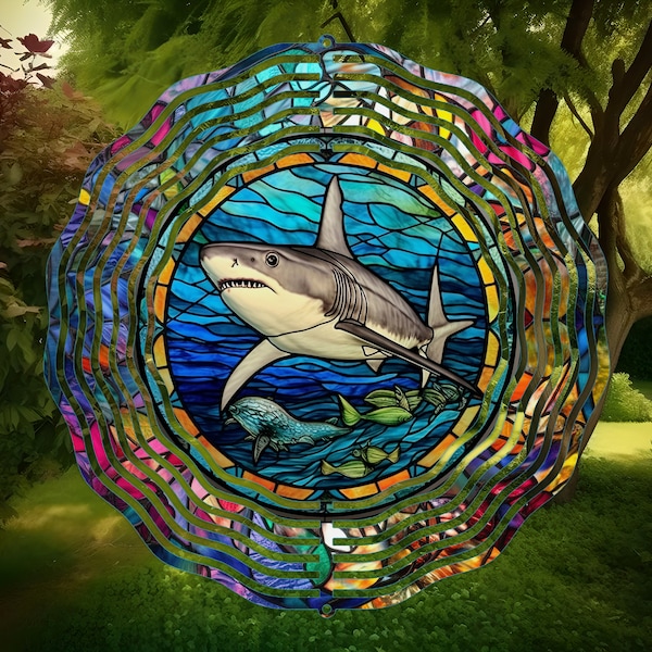 Shark Stained Glass Wind Spinner, Yard Decor, Outdoor Garden Decor, Metal Gifts, Shark Gifts For Women, Unique Gifts, For Shark Lovers