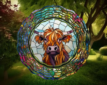Highland Cow Stained Glass Wind Spinner, Yard Decor, Outdoor Garden Decor, Farm Gifts, Highland Cow Gifts For Women, Unique Gifts For Mom