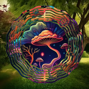 May include: A colorful metal wind spinner with a psychedelic mushroom design. The spinner features a large mushroom with a swirling stem and a smaller mushroom with a red cap. The background is a dark blue with stars and a red heart.