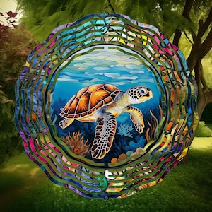 Sea Turtle Stained Glass Wind Spinner, Yard Decor, Outdoor Garden Decor, Metal Gifts, Sea Turtle Gifts For Women, Unique Gifts For Mom