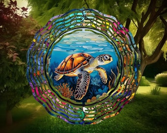 Sea Turtle Stained Glass Wind Spinner, Yard Decor, Outdoor Garden Decor, Metal Gifts, Sea Turtle Gifts For Women, Unique Gifts For Mom