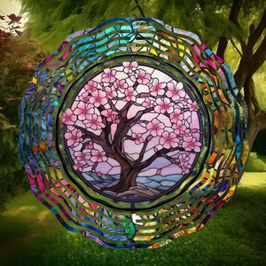 Cherry Blossom Stained Glass Wind Spinner, Japanese Garden Art, Sakura Decor, Garden Decor, Cherry Blossom Gifts For Women, Garden Gifts