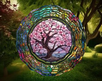 Molinillo de viento de vidrieras con diseño de flores de cerezo, arte japonés para jardín, decoración Sakura, regalos de flores de cerezo para mujeres, regalos de jardinería, regalo para el Día del Padre