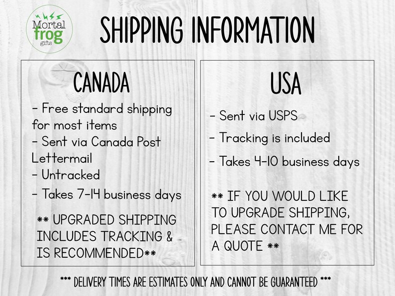 Puede incluir: Un gr&aacute;fico con informaci&oacute;n de env&iacute;o para Canad&aacute; y Estados Unidos. El gr&aacute;fico incluye el texto "SHIPPING INFORMATION", "CANADA", "USA", "Env&iacute;o est&aacute;ndar gratuito para la mayor&iacute;a de los art&iacute;culos", "Enviado por Canada Post Lettermail", "Sin seguimiento", "Tarda de 7 a 14 d&iacute;as h&aacute;biles", "EL ENV&Iacute;O MEJORADO INCLUYE SEGUIMIENTO Y SE RECOMIENDA", "Enviado por USPS", "El seguimiento est&aacute; incluido", "Tarda de 4 a 10 d&iacute;as h&aacute;biles", "SI DESEA MEJORAR EL ENV&Iacute;O, POR FAVOR CONT&Aacute;CTEME PARA UNA COTIZACI&Oacute;N", y "LOS TIEMPOS DE ENTREGA SON ESTIMACIONES SOLAMENTE Y NO PUEDEN GARANTIZARSE".