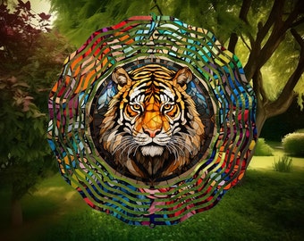 Tiger Stained Glass Wind Spinner, Yard Decor, Outdoor Garden Decorations, Metal Gifts, Tiger Gifts, For Women, Unique Gifts For Mom