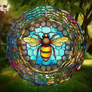 Bee Stained Glass Wind Spinner, Yard Decor, Outdoor Garden Decor, Deck Decorations, Bee Gifts For Women, Unique Gifts For Mom, For Her