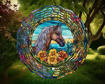May include: A colorful metal wind spinner with a stained glass design of a brown horse with a white mane and tail. The horse is surrounded by yellow flowers and a blue and white background.