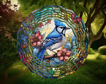 Blue Jay Stained Glass Wind Spinner, Birdwatching Gifts, Garden Decor, Bird Lover Gift, Blue Jay Gift, Garden Gift, Mothers Day Gift For Mom