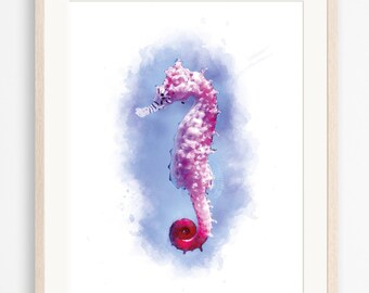 Lámina infantil de caballito de mar, arte de animales marinos en acuarela (descarga digital)