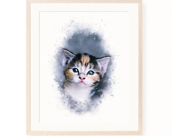 Watercolor cat portrait | Calico cat | Cat wall art printable | Kitten painting | Nursery decor | Digital download |  Cat lover gift