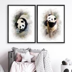 Panda posters, Set of 2, Giant panda print, Watercolor panda bear wall art, Nursery room decor, Kids printable, Digital download