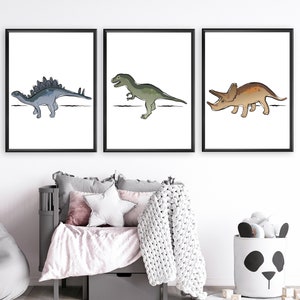 Set of 3 dinosaur posters | Triceratops, Stegosaurus and T-rex print | Nursery room decor | Dino wall art | Printable digital download