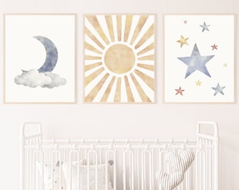 Sun, stars, moon nursery art, Set of 3, Watercolor sunshine print, Moon poster, Stars printable, Galaxy nursery decor, Digital download