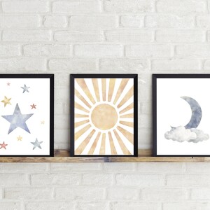 Sun, Moon & Stars Nursery Art Prints, Watercolor Set (digital Download ...