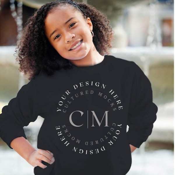 Gildan Sweatshirt Mockup Kid Mockup Gildan 18000 Sweatshirt Mockup Child Mockup Black Model Mockup Black Sweatshirt Mockup Youth Mockup