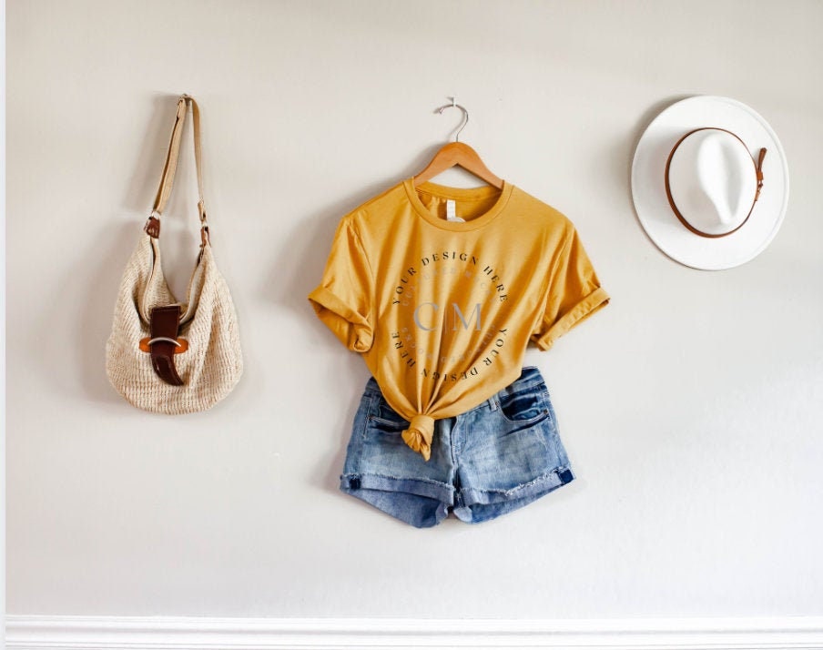 Download Flat Lay Mock-Up Heather Mustard T Shirt Mockup Bella ...