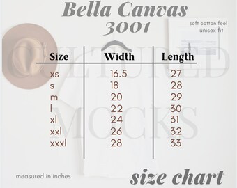 Bella Canvas 3001 Size Chart Mock Up T-shirt Size Chart Bella Canvas Tshirt Size Guide 3001 Mockup Size Chart