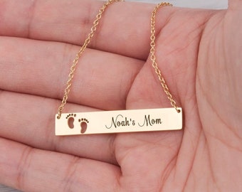 New Mom Necklace, Necklace with Baby Name, Family Necklace, Personalized Bar Necklace With Kids Names, Custom Mom Necklace with Baby Feet