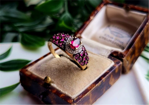 STATEMENT RING Vintage 9ct Gold Ruby Diamond Clus… - image 3