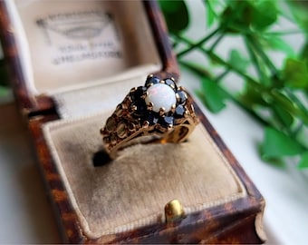 1970s Vintage 9ct Gold Opal und Saphir Cluster Ring, Gold Saphir und Opal Ring (ref00j)