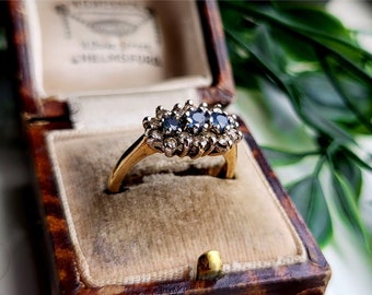 IMPRESSIVE Vintage 9ct Gold Aquamarine Diamond Cluster Ring. 14 DiAMONDS! STUNNING RING, Resizing Available! (ref00o)