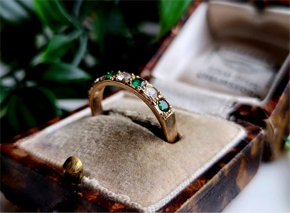 1970s Vintage 9ct Gold Emerald And White Topaz Ri… - image 3