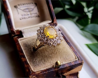 STATEMENT RING Vintage 9ct Gold Yellow And White Topaz Ring. FREE Resizing Available! (Ref00x)