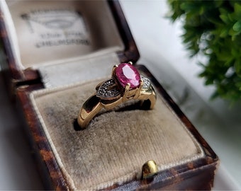 FREE RESIZING! Vintage 9ct Gold Ruby Diamond Ring. 10 DiAMONDS! 9ct gold Ruby ring, 9ct gold diamond ring STATEMENT RiNG! (Ref00K)