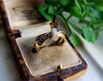 RARE TWIST Vintage 9ct Gold Amethyst Diamond Ring. 10 DiAMONDS! STATEMENT Ring. 9ct Gold Diamond Ring. 9ct Gold Amethyst Ring . (Ref00g)