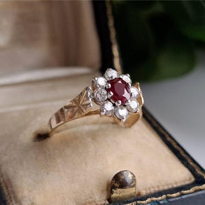 INCREDIBLE Vintage 9ct Gold Ruby White Topaz Cluster Ring. RESIZING AVAiLABLE Gold Ruby and White Topaz Ring 9ct Gold Ruby Ring (Ref00a)